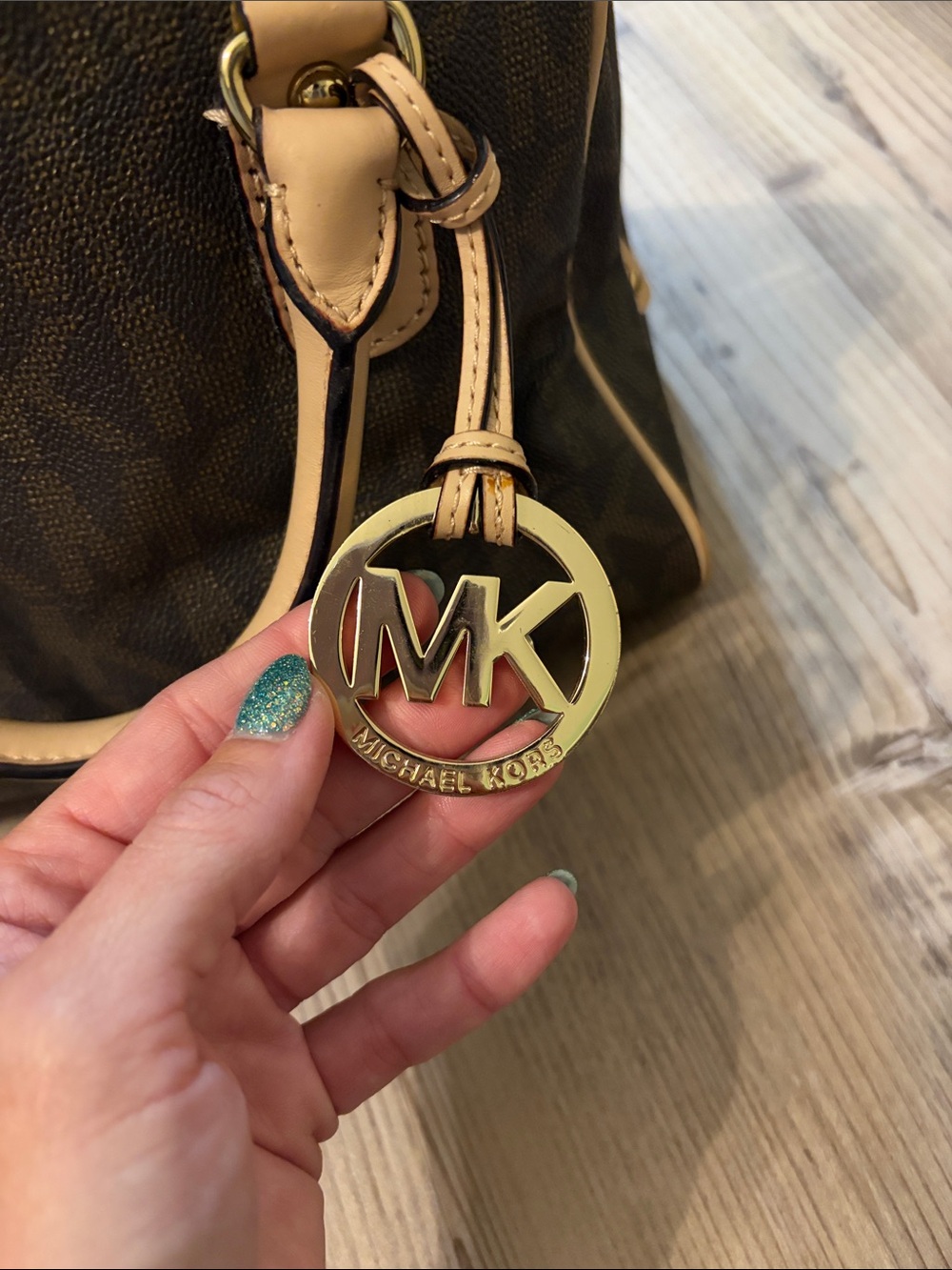 Michael Kors Brown Satchel with Tan Trim and MK Charm - Picture 2 of 4